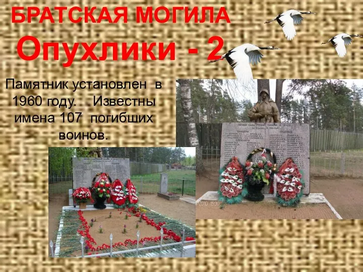 БРАТСКАЯ МОГИЛА Опухлики - 2 Памятник установлен в 1960 году. Известны имена 107 погибших воинов.
