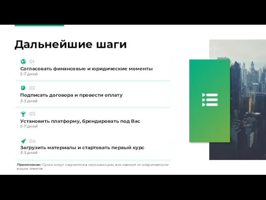 Дальнейшие шаги Подписать договора и провести оплату 3-5 дней Согласовать финансовые и