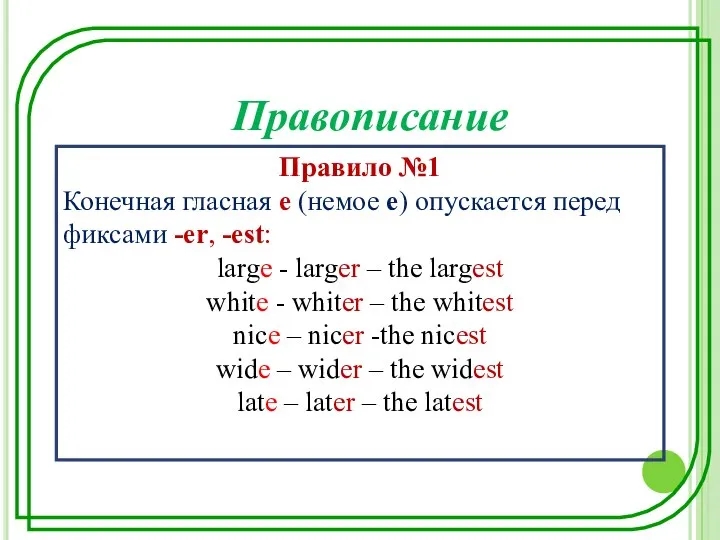 Правило №1 Конечная гласная е (немое е) опускается перед фиксами -еr, -est: