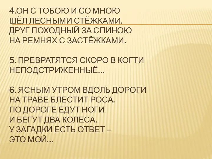 4.ОН С ТОБОЮ И СО МНОЮ ШЁЛ ЛЕСНЫМИ СТЁЖКАМИ. ДРУГ ПОХОДНЫЙ ЗА