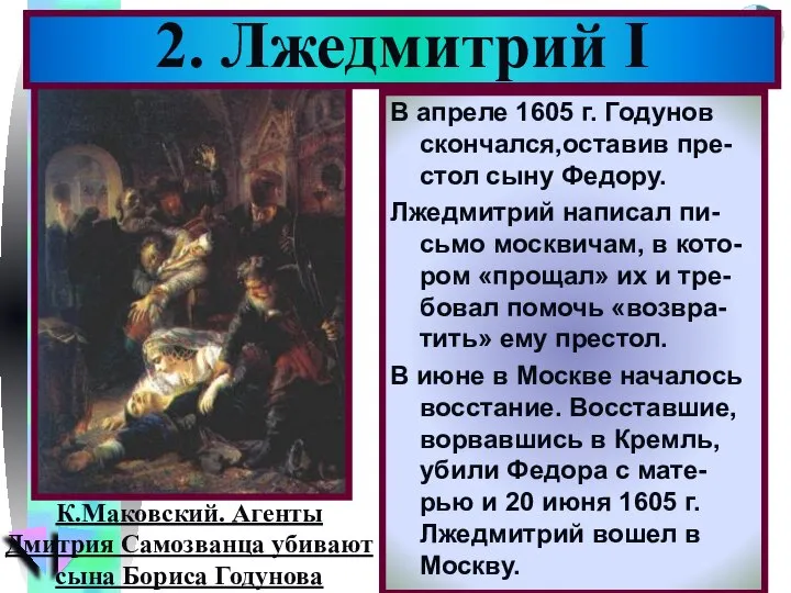 В апреле 1605 г. Годунов скончался,оставив пре-стол сыну Федору. Лжедмитрий написал пи-сьмо