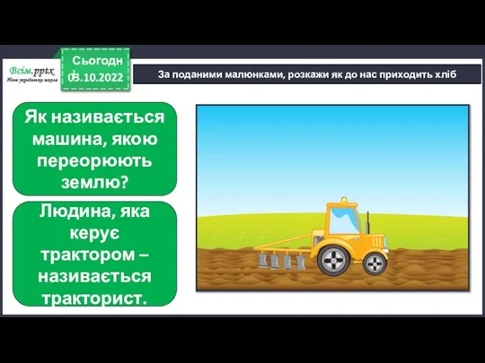 03.10.2022 Сьогодні За поданими малюнками, розкажи як до нас приходить хліб Як