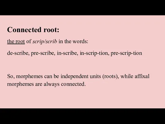 Connected root: the root of scrip/scrib in the words: de-scribe, pre-scribe, in-scribe,