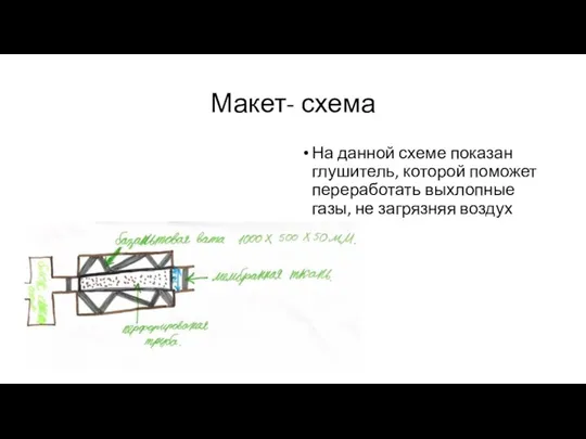 Макет- схема На данной схеме показан глушитель, которой поможет переработать выхлопные газы, не загрязняя воздух