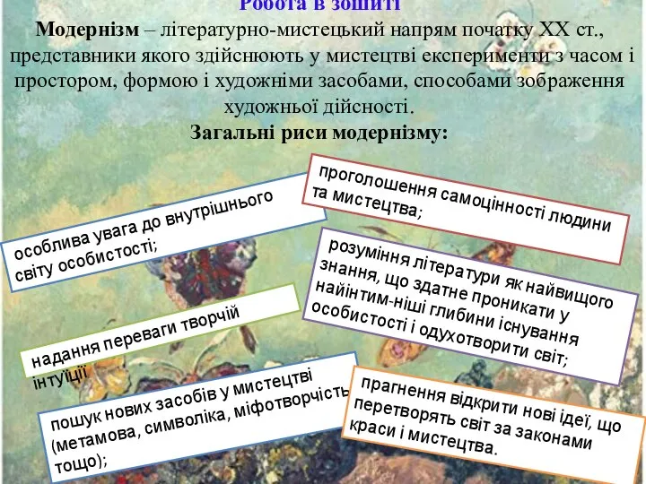 Робота в зошиті Модернізм – літературно-мистецький напрям початку XX ст., представники якого