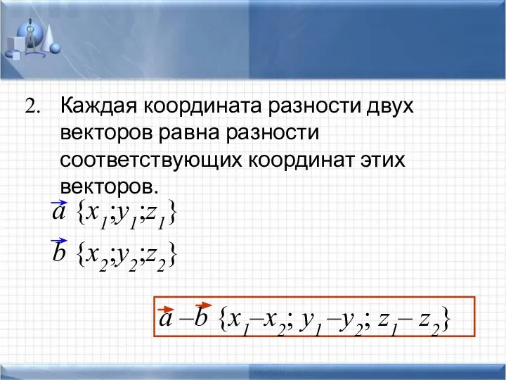 Каждая координата разности двух векторов равна разности соответствующих координат этих векторов.