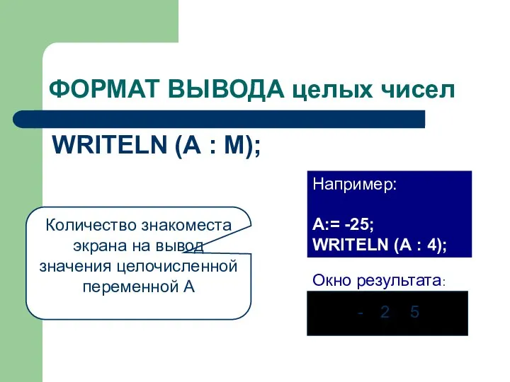 ФОРМАТ ВЫВОДА целых чисел WRITELN (А : М); Количество знакоместа экрана на