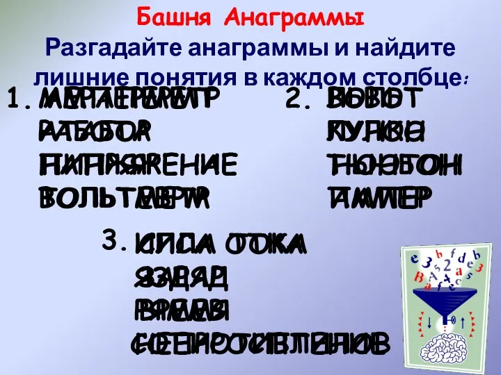 Башня Анаграммы Разгадайте анаграммы и найдите лишние понятия в каждом столбце: 1.