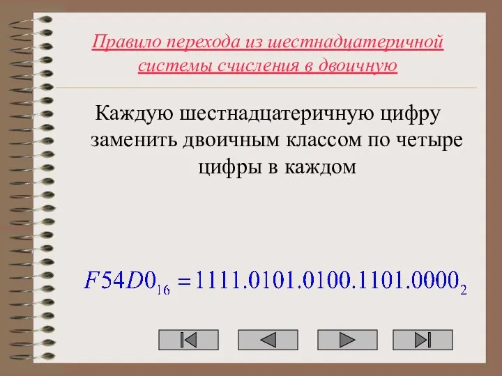 Правило перехода из шестнадцатеричной системы счисления в двоичную Каждую шестнадцатеричную цифру заменить