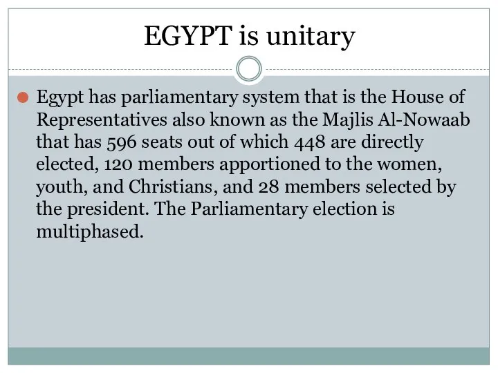 EGYPT is unitary Egypt has parliamentary system that is the House of