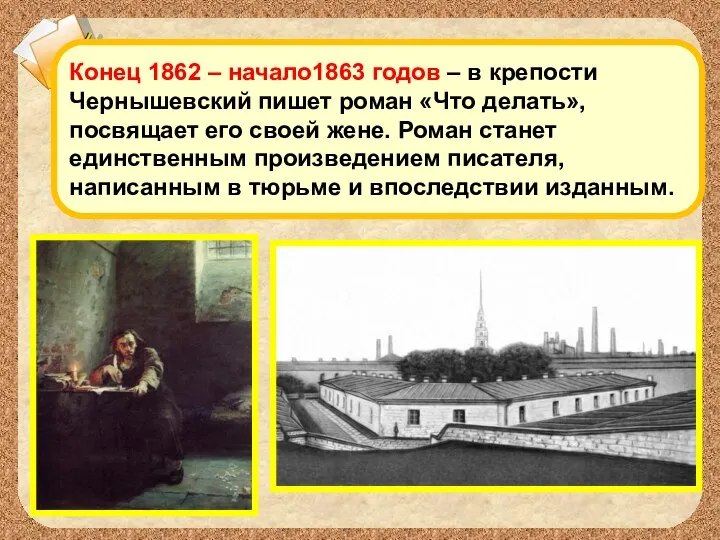 Конец 1862 – начало1863 годов – в крепости Чернышевский пишет роман «Что