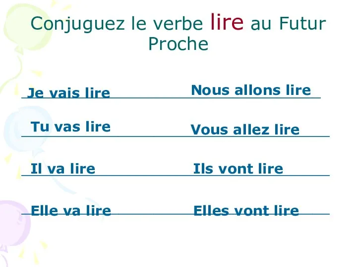 Conjuguez le verbe lire au Futur Proche __________________________________ ___________________________________ ___________________________________ ___________________________________ Je