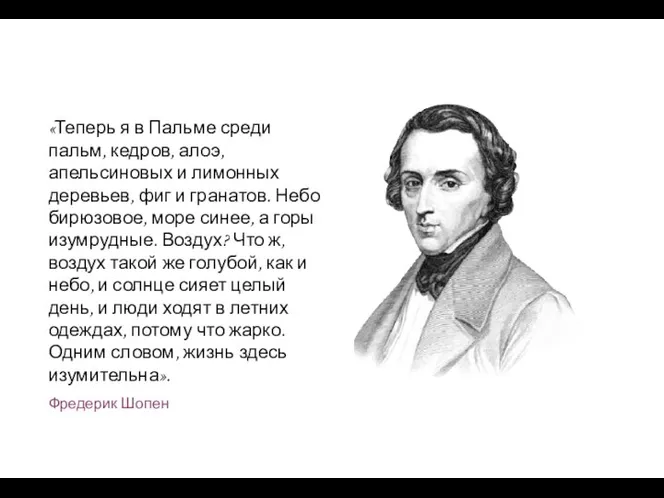 «Теперь я в Пальме среди пальм, кедров, алоэ, апельсиновых и лимонных деревьев,