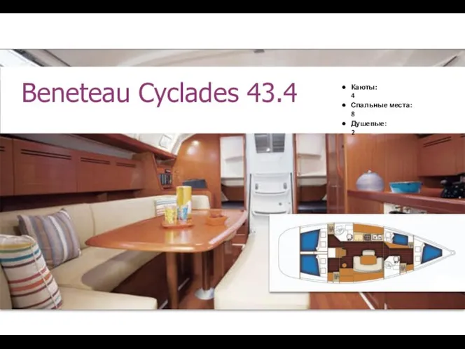 Каюты: 4 Спальные места: 8 Душевые: 2 Beneteau Cyclades 43.4