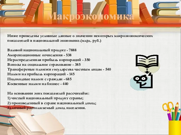 Макроэкономика Ниже приведены условные данные о значении некоторых макроэкономических показателей в национальной