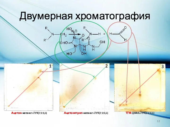 Двумерная хроматография 1 2 3 Ацетон-метанол-ЛУК(7:2:0,5) Ацетонитрил-метанол-ЛУК(7:2:0,5) ТГФ-ДМФА-ЛУК(7:2:0,5)