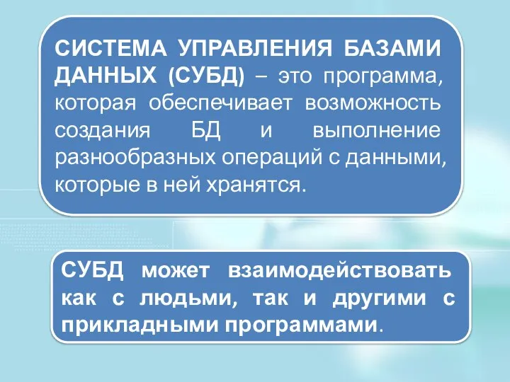 СИСТЕМА УПРАВЛЕНИЯ БАЗАМИ ДАННЫХ (СУБД) – это программа, которая обеспечивает возможность создания