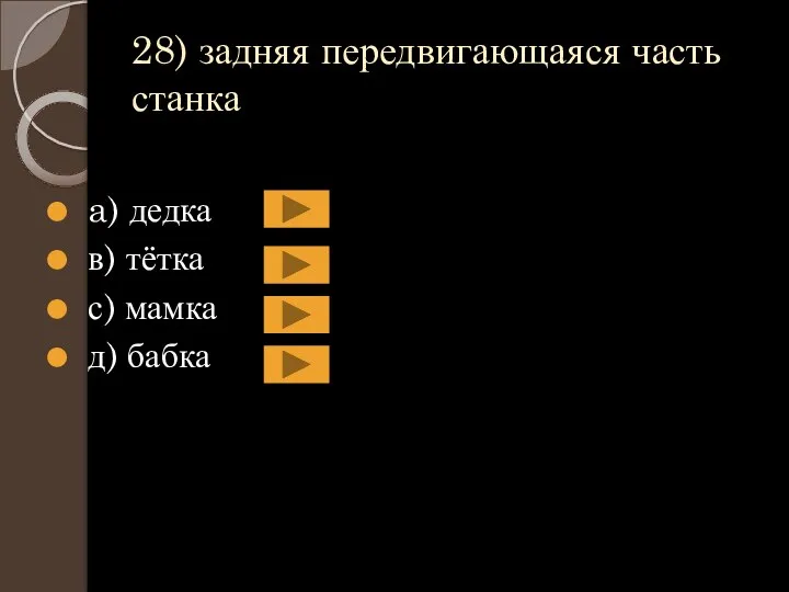 28) задняя передвигающаяся часть станка a) дедка в) тётка с) мамка д) бабка