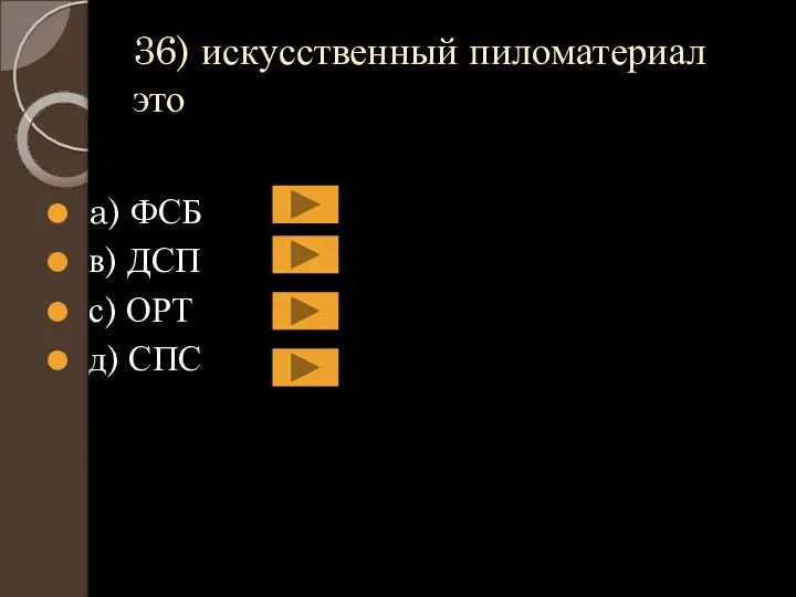 36) искусственный пиломатериал это a) ФСБ в) ДСП с) ОРТ д) СПС