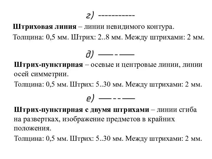 Штриховая линия – линии невидимого контура. Толщина: 0,5 мм. Штрих: 2..8 мм.