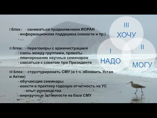 I блок : - заниматься продвижением ИОРАН - информационная поддержка (новости и