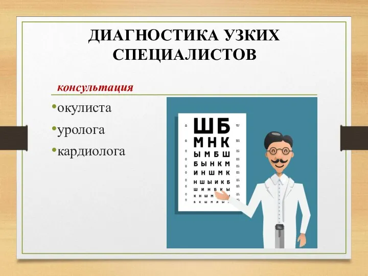 ДИАГНОСТИКА УЗКИХ СПЕЦИАЛИСТОВ консультация окулиста уролога кардиолога