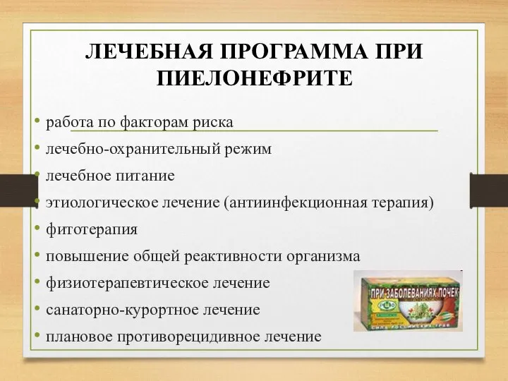 ЛЕЧЕБНАЯ ПРОГРАММА ПРИ ПИЕЛОНЕФРИТЕ работа по факторам риска лечебно-охранительный режим лечебное питание