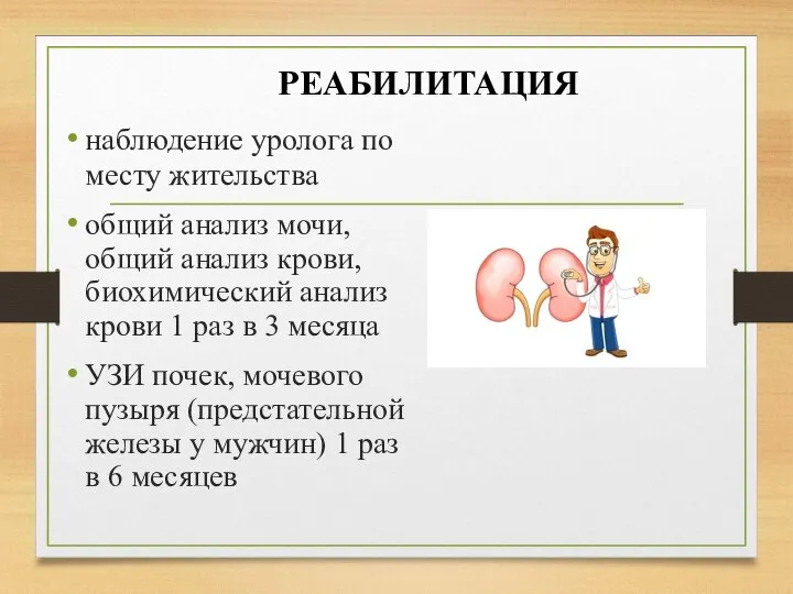 РЕАБИЛИТАЦИЯ наблюдение уролога по месту жительства общий анализ мочи, общий анализ крови,