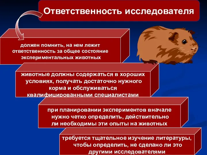 Ответственность исследователя должен помнить, на нем лежит ответственность за общее состояние экспериментальных