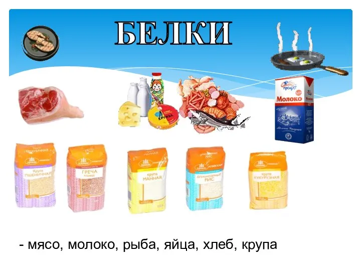 БЕЛКИ - мясо, молоко, рыба, яйца, хлеб, крупа