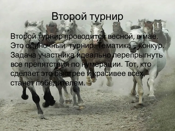 Второй турнир Второй турнир проводится весной, в мае. Это одиночный турнир. Тематика