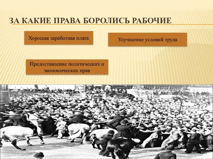 ЗА КАКИЕ ПРАВА БОРОЛИСЬ РАБОЧИЕ Хорошая заработная плата Улучшение условий труда Предоставление политических и экономических прав