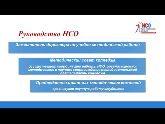 Заместитель директора по учебно-методической работе Руководство НСО Методический совет колледжа осуществляет координацию