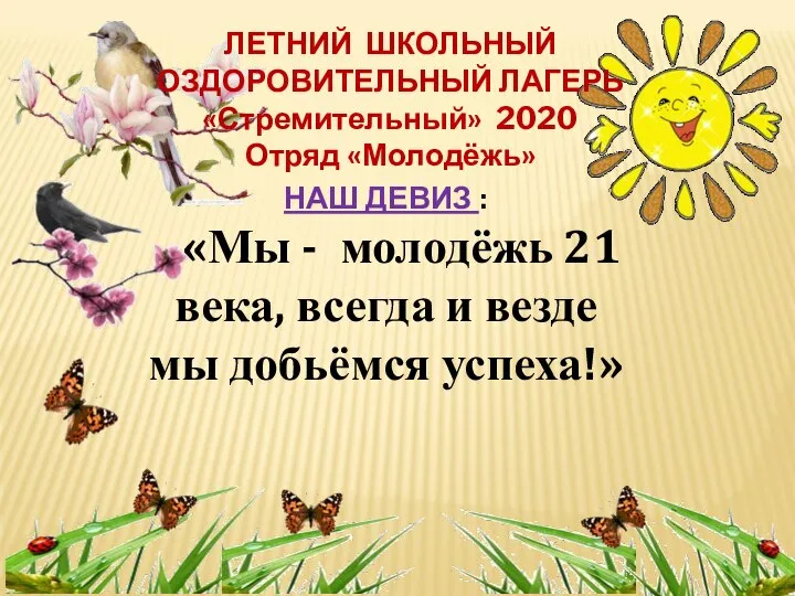 ЛЕТНИЙ ШКОЛЬНЫЙ ОЗДОРОВИТЕЛЬНЫЙ ЛАГЕРЬ «Стремительный» 2020 Отряд «Молодёжь» НАШ ДЕВИЗ : «Мы