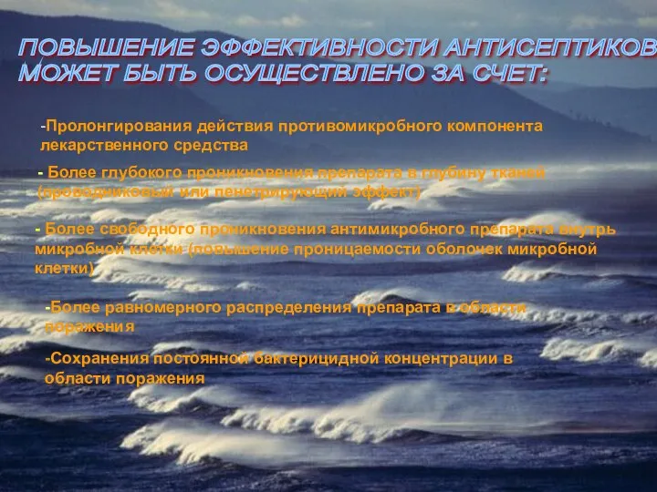 ПОВЫШЕНИЕ ЭФФЕКТИВНОСТИ АНТИСЕПТИКОВ МОЖЕТ БЫТЬ ОСУЩЕСТВЛЕНО ЗА СЧЕТ: -Пролонгирования действия противомикробного компонента