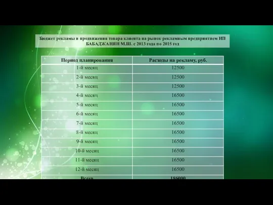 Бюджет рекламы и продвижения товара клиента на рынок рекламным предприятием ИП БАБАДЖАНЯН