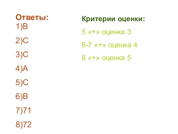 Ответы: 1)B 2)C 3)C 4)A 5)C 6)B 7)71 8)72 Критерии оценки: 5