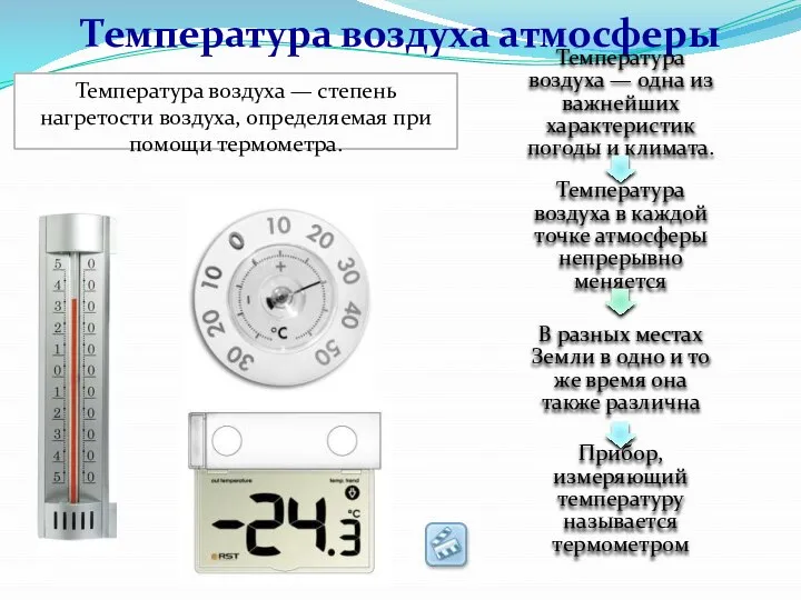 Температура воздуха атмосферы Температура воздуха — степень нагретости воздуха, определяемая при помощи