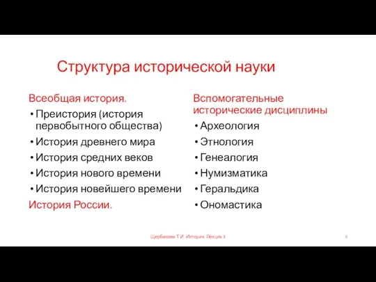 Структура исторической науки Всеобщая история. Преистория (история первобытного общества) История древнего мира