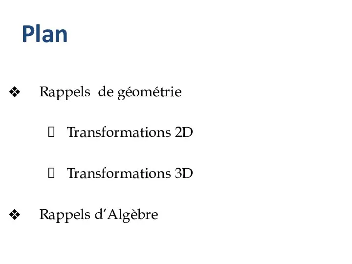 Rappels de géométrie Transformations 2D Transformations 3D Rappels d’Algèbre Plan