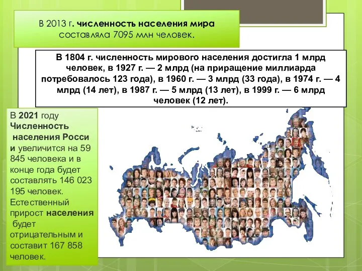 В 2021 году Численность населения России увеличится на 59 845 человека и