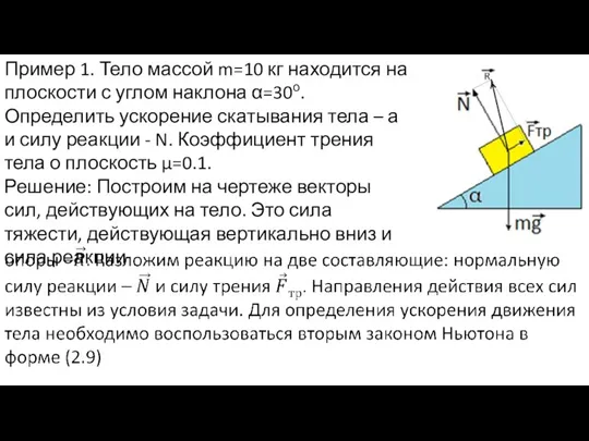 Пример 1. Тело массой m=10 кг находится на плоскости с углом наклона