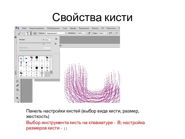 Свойства кисти Панель настройки кистей (выбор вида кисти, размер, жесткость) Выбор инструмента