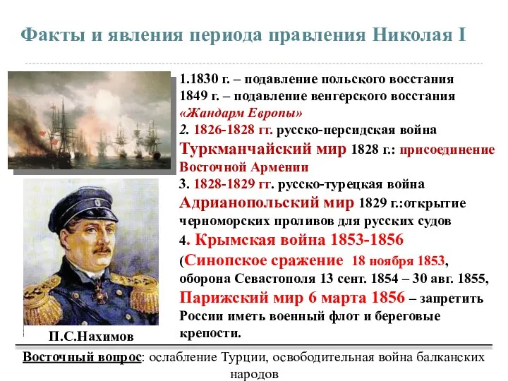 Факты и явления периода правления Николая I 1.1830 г. – подавление польского