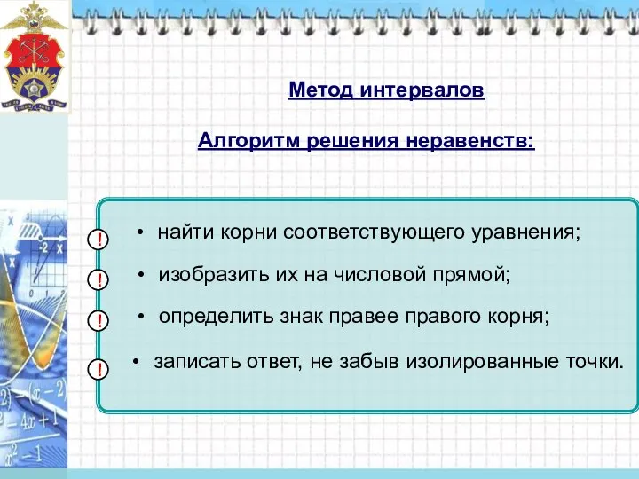 Метод интервалов ! Алгоритм решения неравенств: ! ! ! найти корни соответствующего