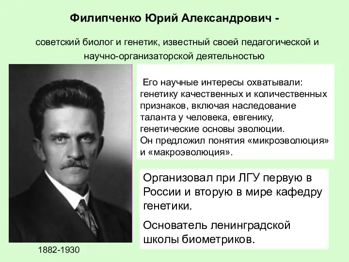 Филипченко Юрий Александрович - советский биолог и генетик, известный своей педагогической и