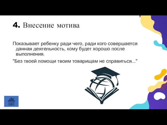 4. Внесение мотива Показывает ребенку ради чего, ради кого совершается данная деятельность,