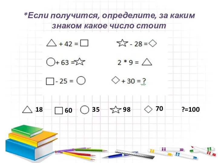 *Если получится, определите, за каким знаком какое число стоит 18 60 ?=100 35 98 70