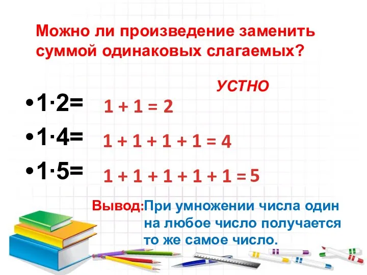 Можно ли произведение заменить суммой одинаковых слагаемых? 1∙2= 1∙4= 1∙5= 1 +