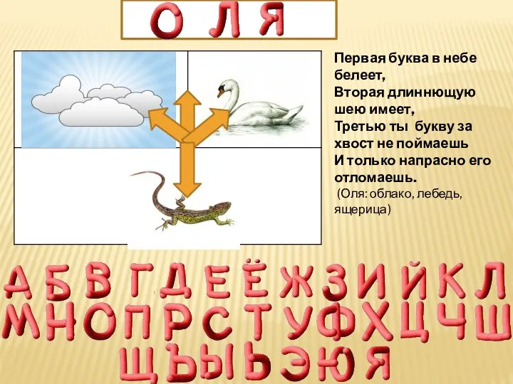 Первая буква в небе белеет, Вторая длиннющую шею имеет, Третью ты букву